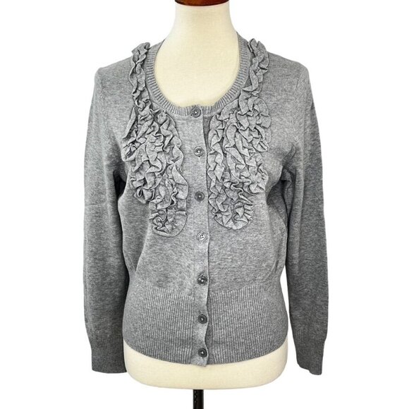 Van Heusen Womens Gray Ruffle Button Cardigan Sweater L 100% Cotton Long Sleeves - Picture 1 of 7